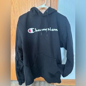 Champion LG BLACK HOODIE, TRANSFER LOGO STITCHED PATCH ON SLEEVE GRAY IN HOOD